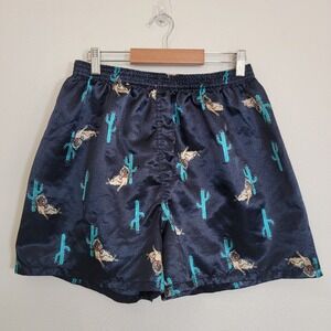 Anko Mens Large Navy Blue Pug Dog Cactus Print Satin Sleep Boxer‎ Shorts Novelty